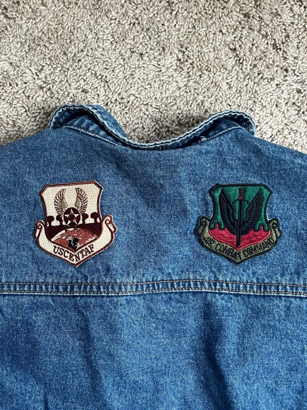 Men's Blue Denim Jacket with Embroidered Chest Patches